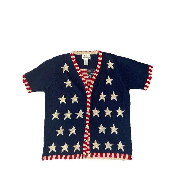 VTG Quacker Factory Blue Sweater American Flag Stars Patriotic Cardigan Sz M - Picture 1 of 7